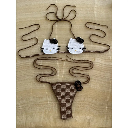 Sanrio Cute Bikini Set Crochet Girls Swimsuit Hello Kitty Sexy Bathing Suit Kwaii Women Swim Suit Bandage Micro Bikinis Swimwear