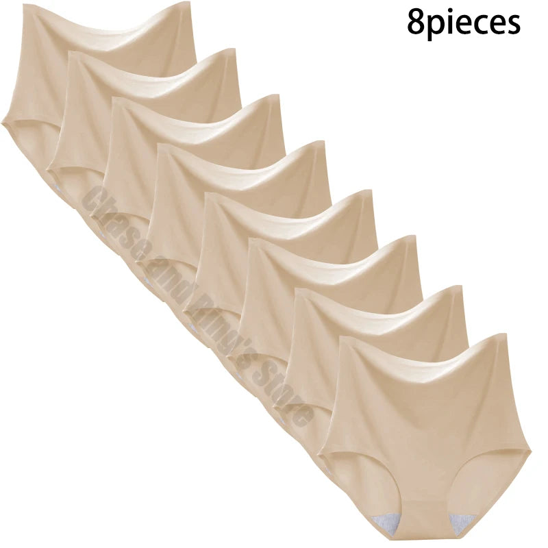 8 pieces Ice silk Women Underwear Slim Belly Tight fit Pants Seamless Triangular Briefs Soft Lingerie Elastic Panties Large Size