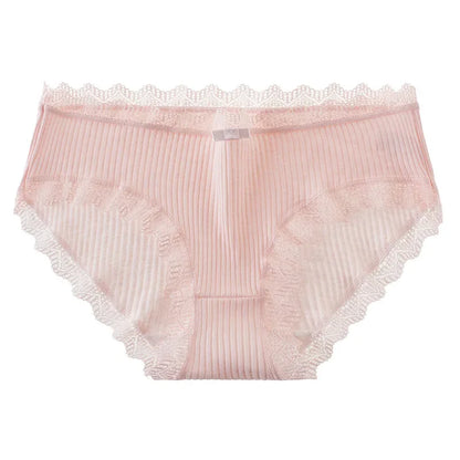Cotton Sexy Lace Mid Waist Underwear Threaded Brief Solid Color Skin Friendly Ladies Underpant Breathable Fashion Casual Panties