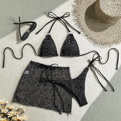 2025 New Halter Strappy Hollow Out Skirt Bikini Female Swimsuit Women Swimwear 3 pieces Bikini set Bather Bathing Suit S