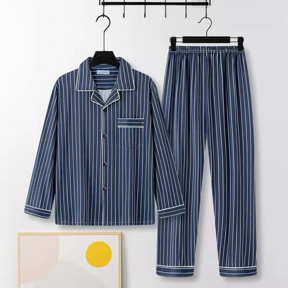 Casual Pure Cotton Men's Sleepwear Long Sleeve Long Pants Two-Piece Set Plaid Striped Simple Wearable Home Clothes