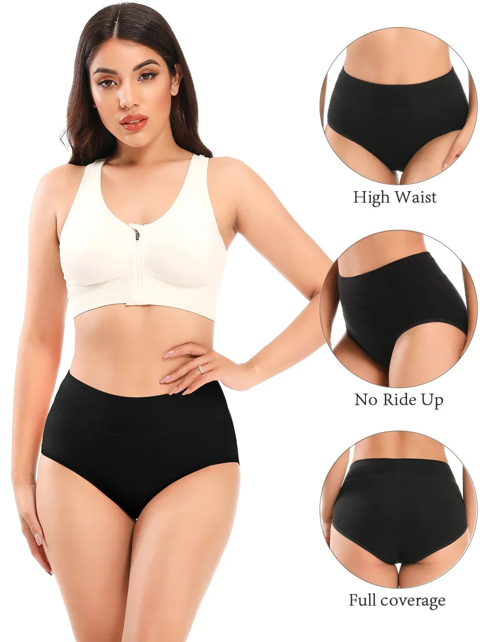 POKARLA Women Soft Cotton Underwear Comfortable No Muffin Top Briefs Female High Rise Belly Control Panties Sets Black Plus Size