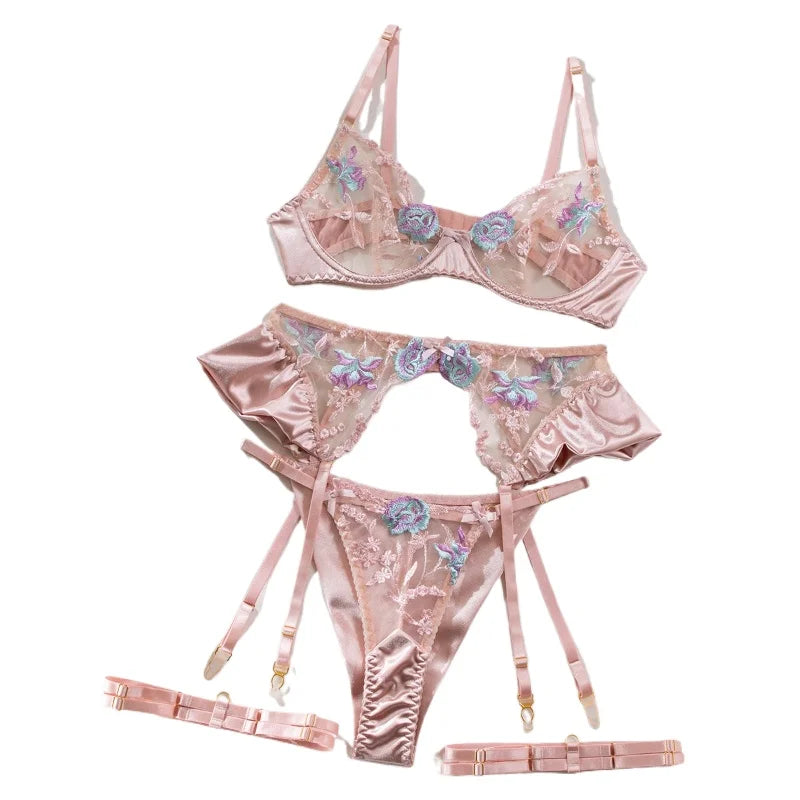 Sensual Women Lingerie Fancy Floral Sheen Silk Underwear Transparent Garter Exotic Sets Fairy Luxury Intimate Goods