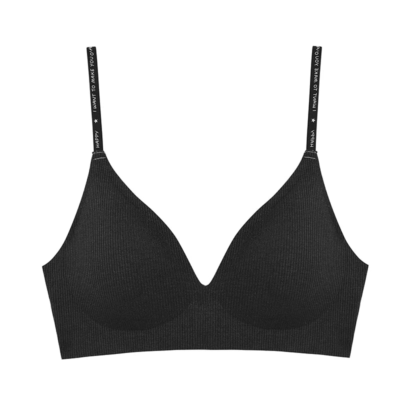 FINETOO Women Wireless Bra Deep V Padded Bralette S-XL Trendy Stripe Knitting Bras Sexy Ladies Brassiere Solid Underwear 6 Color