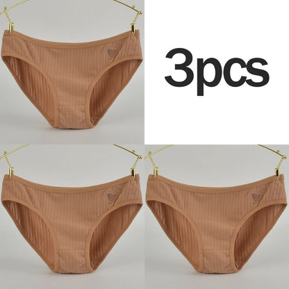 3PCs Teen Girls Cotton Underwear Low-Rise Heart Print Briefs Soft Breathable Everyday Panties Minimalist Design Lady Summer Wear