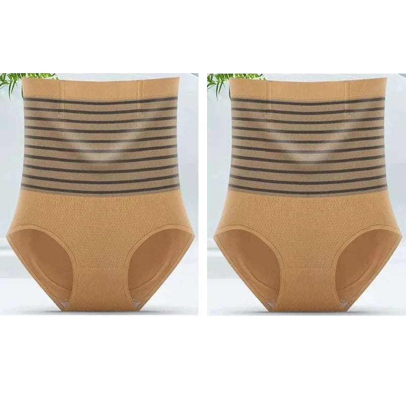 2pcs Women No Trace High Waist Shaping Briefs Body Shaper Slimming Underwear Butt Lifter Control Panties Stripe Shapewear Pants