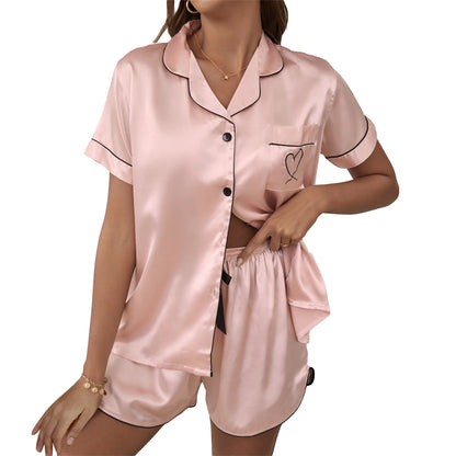 Women’s Satin Pajama Set Summer Short Sleeve Heart Embroidery Button Shirt + Shorts Set Loungewear