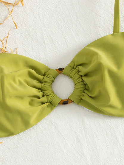 Women's Green 3 Piece Swimwear Set, Ruched Bikini Top with Metal Ring Detail and Ruffled Cover Up Skirt