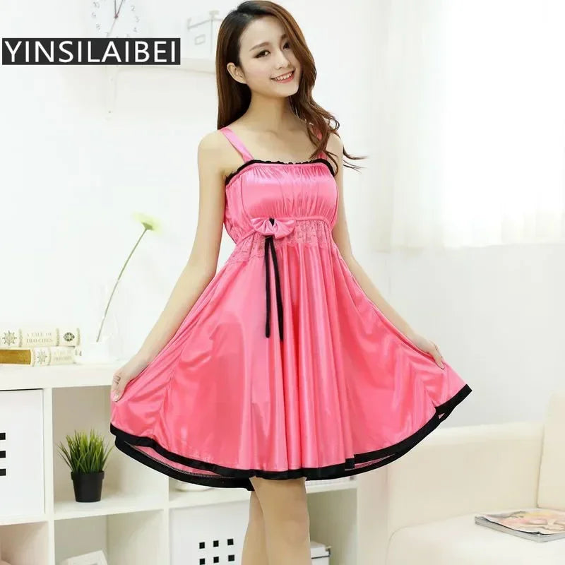 Summer Sleeveless Strap Sexy Women's Sleepwear Female Faux Silk Satin Lace Nightgowns Plus Size Nightwear for Ladies