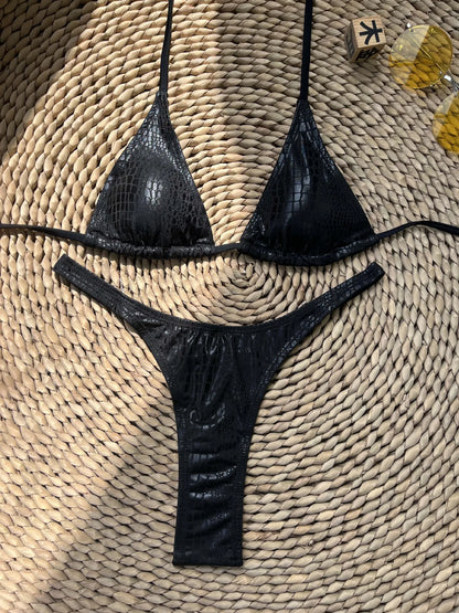 sexy metallic black snakeskin micro bikinis sets two pieces bathing suit women sexy thong bikini reflective shinny swimsuits