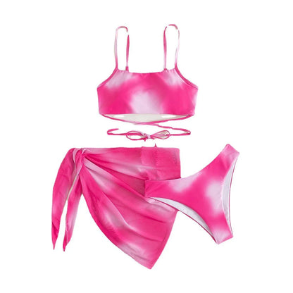 Tie Dye Bikini Swimsuit Women's Three Piece Set Mesh Skirt Split Body Suspender Fashionable Swimsuit Padded Bikini Set Swimwear