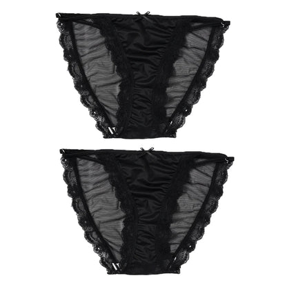 2PCS Mesh Satin Half Pack Panties Women's Ice Silk Low Rise Soft Intimates Breathable Sexy Lace Underpants Light Silky Briefs