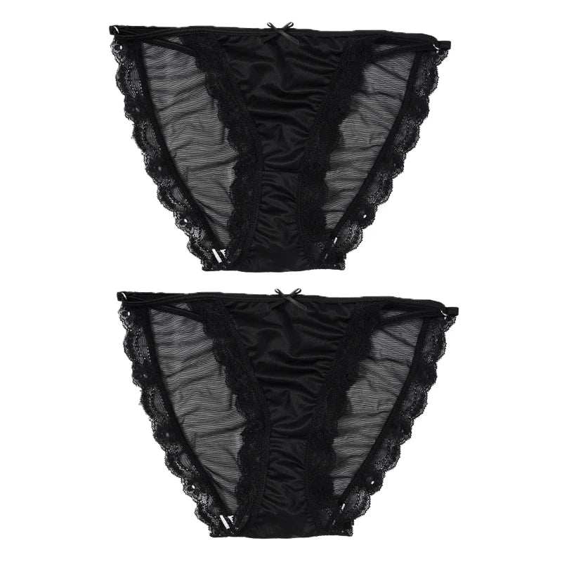 2PCS Mesh Satin Half Pack Panties Women's Ice Silk Low Rise Soft Intimates Breathable Sexy Lace Underpants Light Silky Briefs