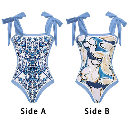 Printed Ruffle One Piece Swimsuit With Cover Up Sexy Swimwear Women Flat Belly Swim Suits Bathsuit Belt Bodysuit Beach Outing