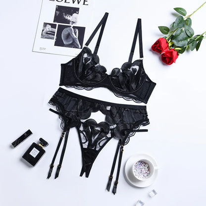 Tornova Sexy 3-piece Lace Underwear for Women Solid Color Mesh Embroidery Patchwork See-through Women's Garters Lingerie Suit