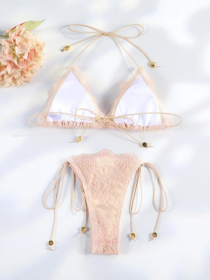 Sexy Hollow Lace Bikinis Patchwork Swimsuit Women Bathing Suits Bandage Swimwear Mujer Beachwear Triangle Bikini Set