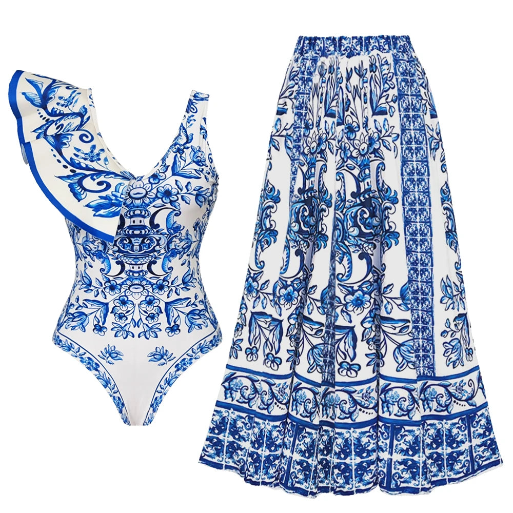 2025 New 2-Piece Shoulder Ruffle Swimsuit With Cover Up Sexy Women Swimwear Push Up Biquini Bathsuit Bodysuit Beachwear Dress