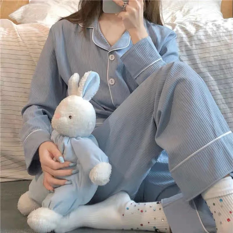 New Women's Imitation Cotton Pyjamas Homewear Set Girls Spring and Autumn Pajamas Homewear Ladies Long-Sleeved Cardigan Homewear