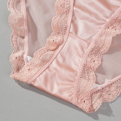 2PCS Mesh Satin Half Pack Panties Women's Ice Silk Low Rise Soft Intimates Breathable Sexy Lace Underpants Light Silky Briefs