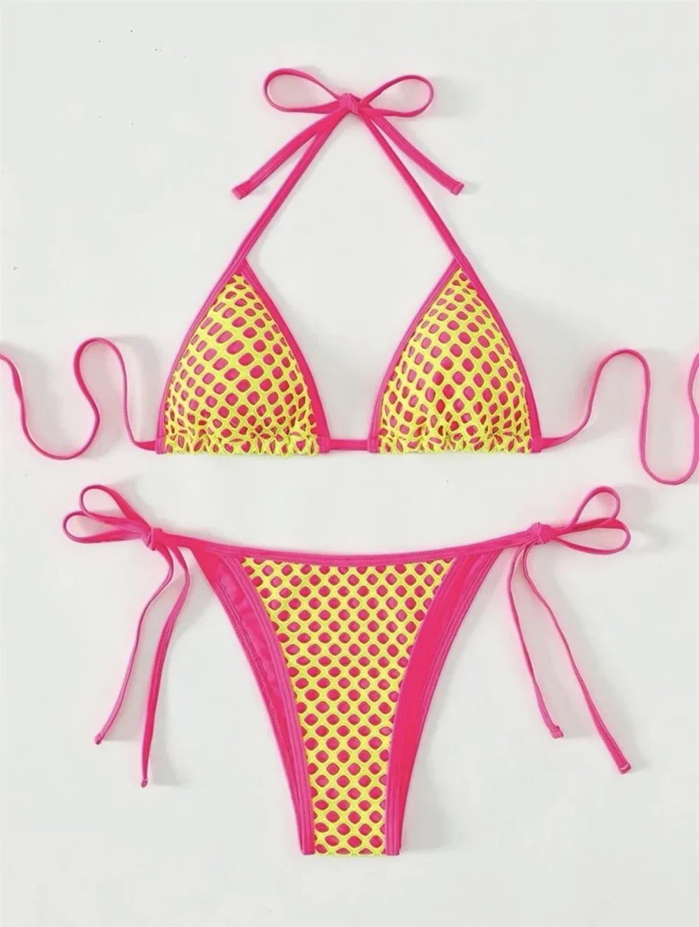 Y2K Holes String Bikini Thong Halter Backless Sexy Triangle Mesh Swimsuit Vacation Swimwear Push Up Women Beachwear Bathing Suit