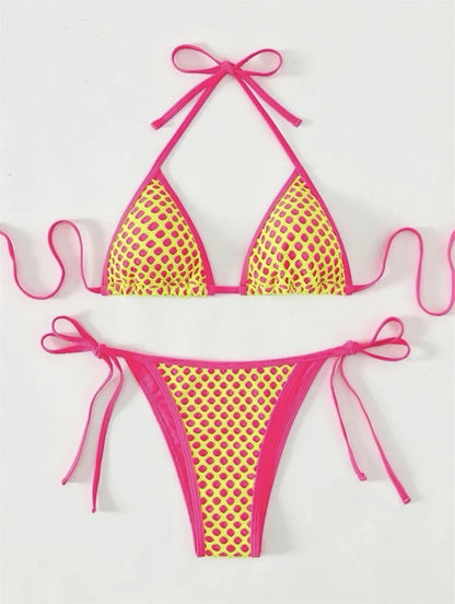 Y2K Holes String Bikini Thong Halter Backless Sexy Triangle Mesh Swimsuit Vacation Swimwear Push Up Women Beachwear Bathing Suit