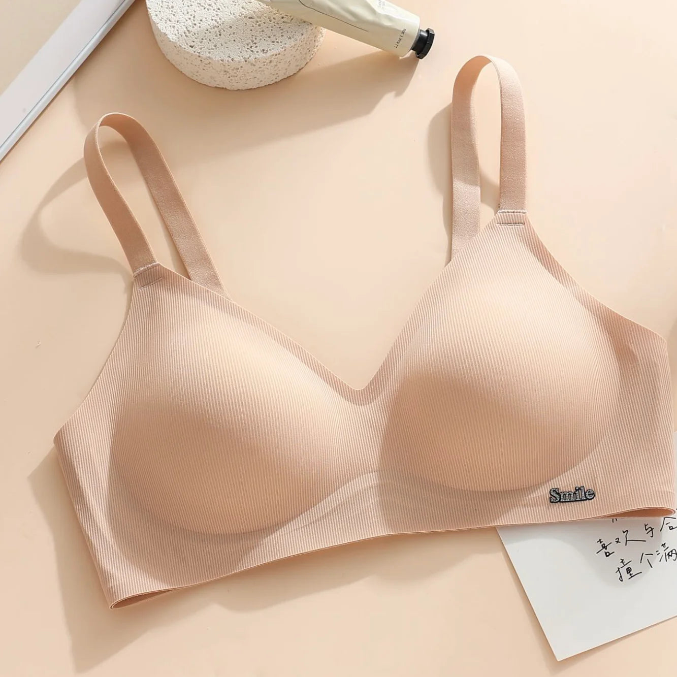 CAITING Beautiful Back Latex Cup Bra One-piece Seamless Bra Women Wireless Push Up Underwear Sexy Deep V Padded Bralette Female