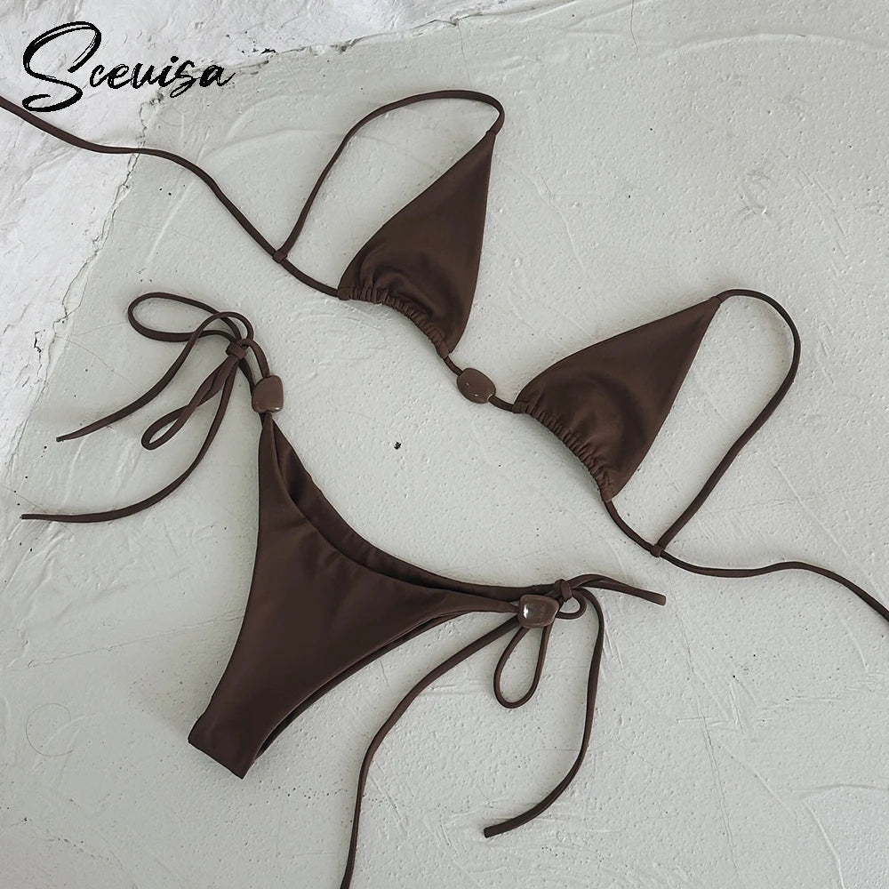 2025 New Sexy Low Waist Bikini Sets Swimsuit Solid Swimwear Women Strappy Bathing Suit Beachwear Brazilian Halter Female biquini