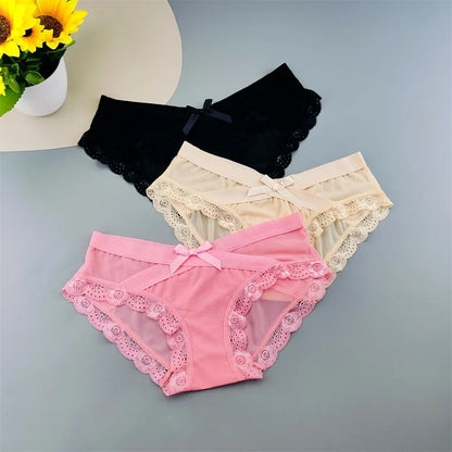 3 Pieces Hot Comfortable Mesh Briefs Women Sexy Seamless Lace Trim Underwear Cute Bow Ladies Breathable Briefs Plus Size