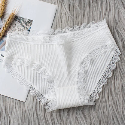 Cotton Sexy Lace Mid Waist Underwear Threaded Brief Solid Color Skin Friendly Ladies Underpant Breathable Fashion Casual Panties