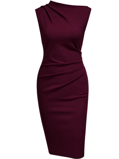 Women Sleeveless Ruched Vintage Slim Work Office Cocktail Party Knee Length Sheath Bodycon Pencil Slim Dress