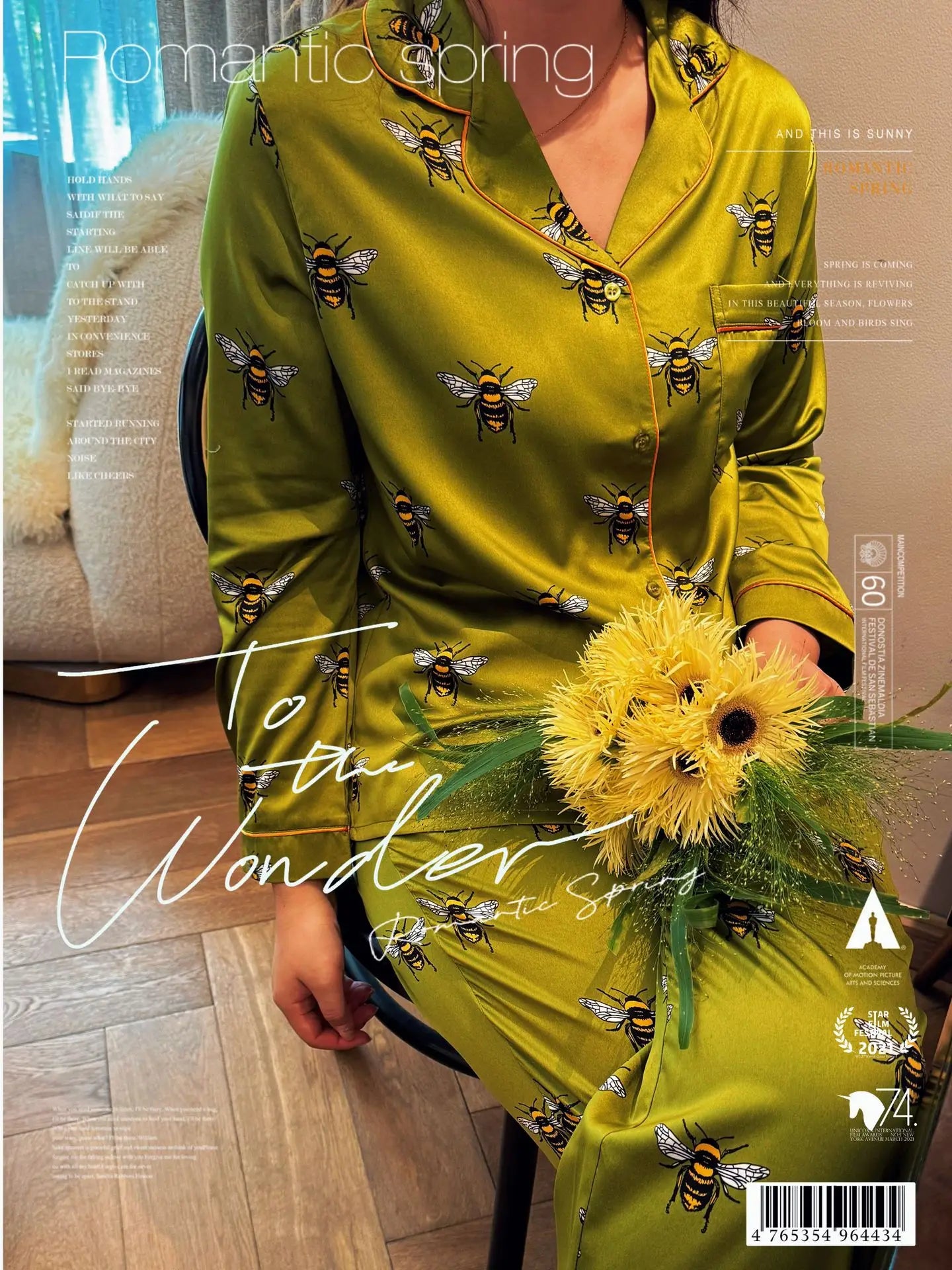 Women Satin Silk Pajamas Set Green Bees Print Pyjama Ice Silk Long Sleeve Lapel Two Piece Set Homewear Spring Autumn Fashion New