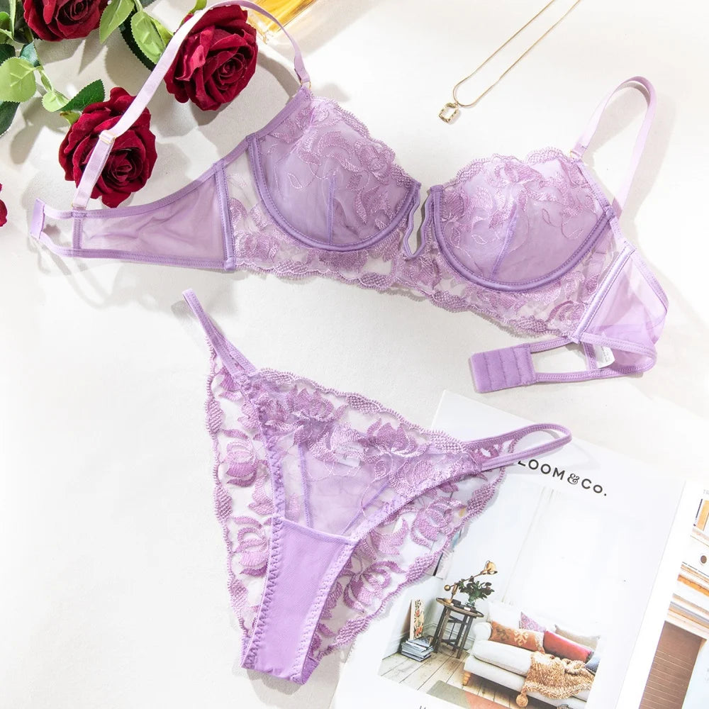 Krasapt Purple Embroidered Hollow Out  Sexy Lingerie Sets Romantic Mesh Patchwork See-through Bras And Panties Set Erotic Suits