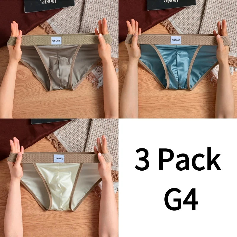 3pcs【LORIEN CREST】Luxury Men's Satin-like Ice Silk Briefs High Elastic Ultra Soft Breathable Antibacterial Comfortable Underwear