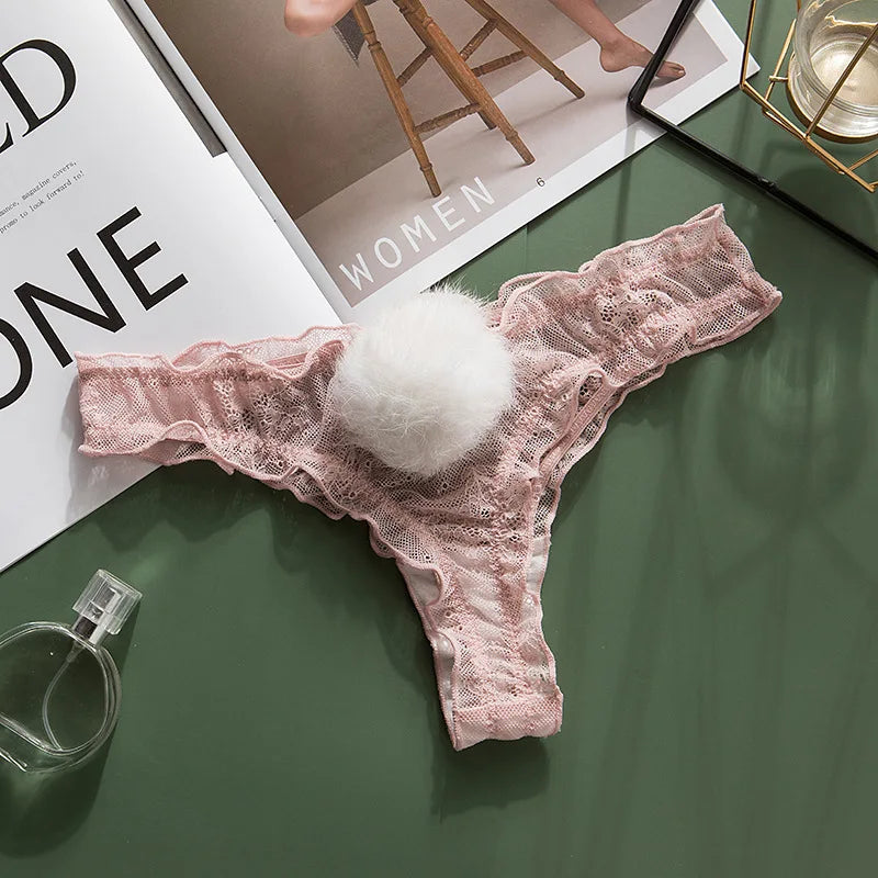 Women Lace Mesh Cotton Thongs Panties Sexy Rabbit Tail Waist Female Underpants Pantys Lingerie Vintage Lingerie for Women