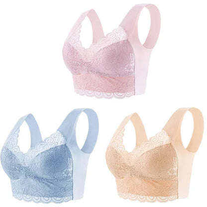 3pcs Ice Silk Seamless Lace Bra Top Support Underwear No Steel Ring Comfortable Large Size Bra Vest Bralette