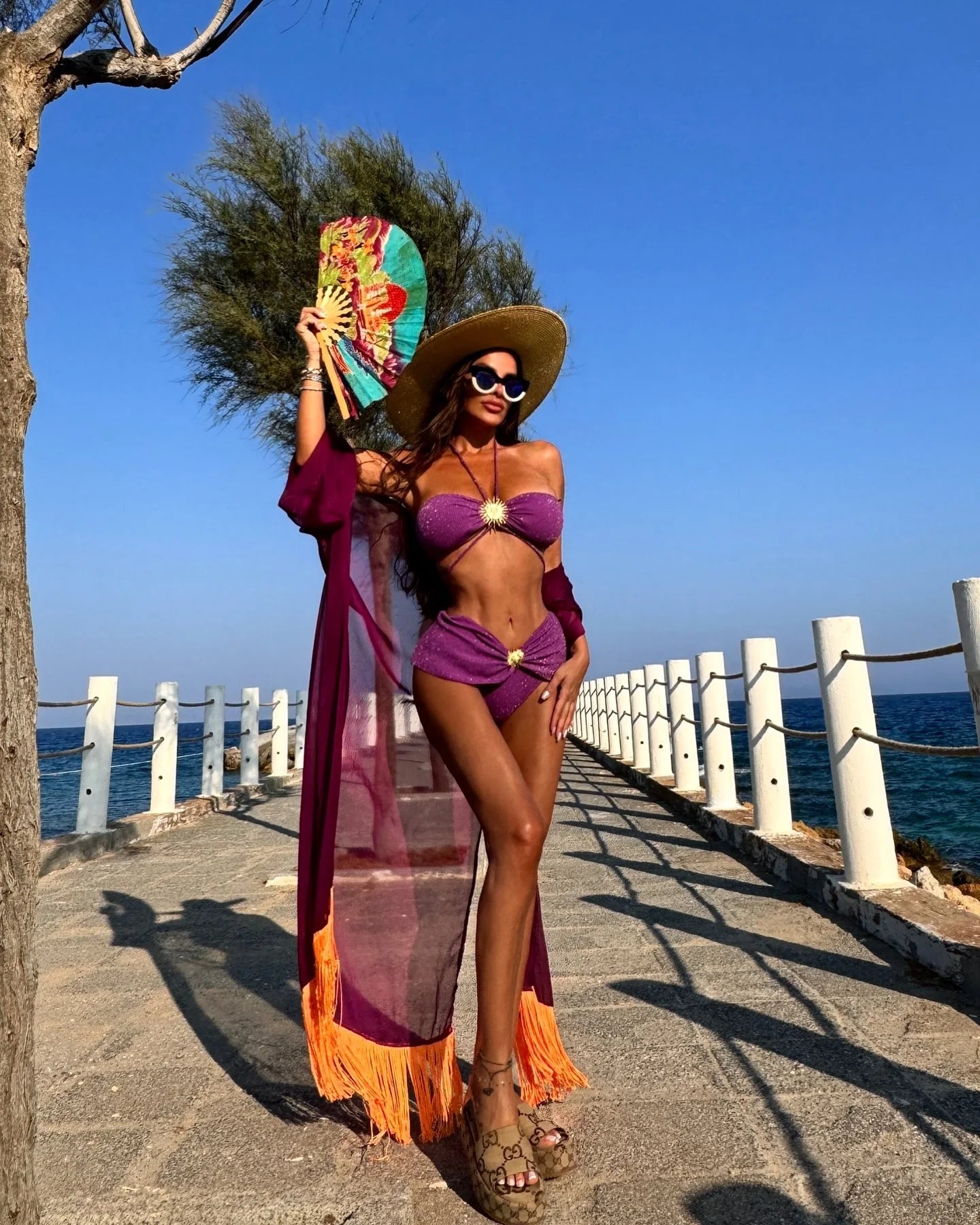 Women's Glamorous Purple Bikini Set with Gold Sunburst Accents 2Pc Biquini Swimsuits Lady Strappy Beachwear 2025 Holiday Clothes