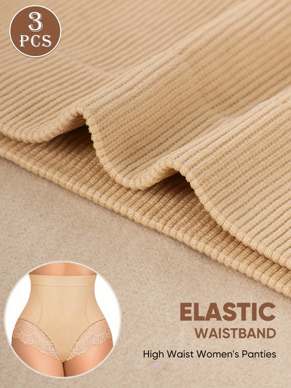 3pcs High-Waisted Tummy Control Seamless Underwear - Butt-Lifting Shapewear with Lace Trim, 3 Sizes (S-XXL) for Women,