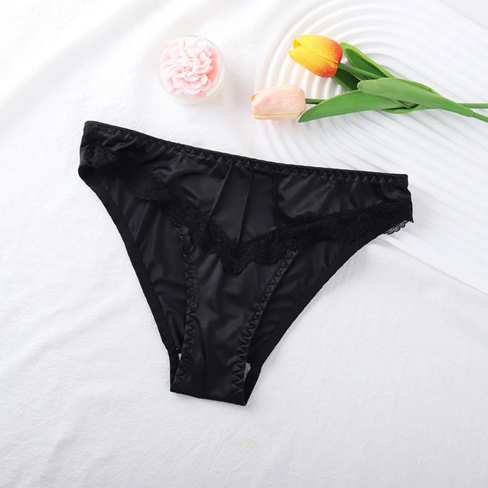 Lace Women Underpants Elegant Floral Lace Trim Low-waist Women's Panties for Daily Wear Honeymoon Wedding Night Silky