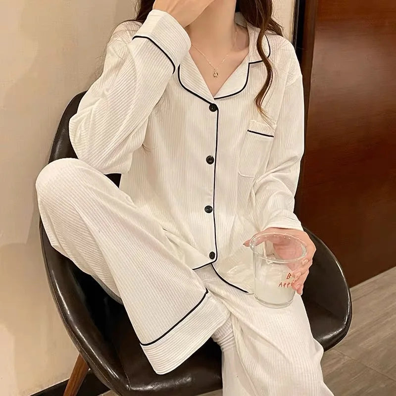 New Women's Imitation Cotton Pyjamas Homewear Set Girls Spring and Autumn Pajamas Homewear Ladies Long-Sleeved Cardigan Homewear