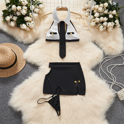 Women Strap Hollow Out Backless French Style Striped Erotic Playsuits Cosplay Slim Fit Underwear Black Lingerie Sexy Bodysuits