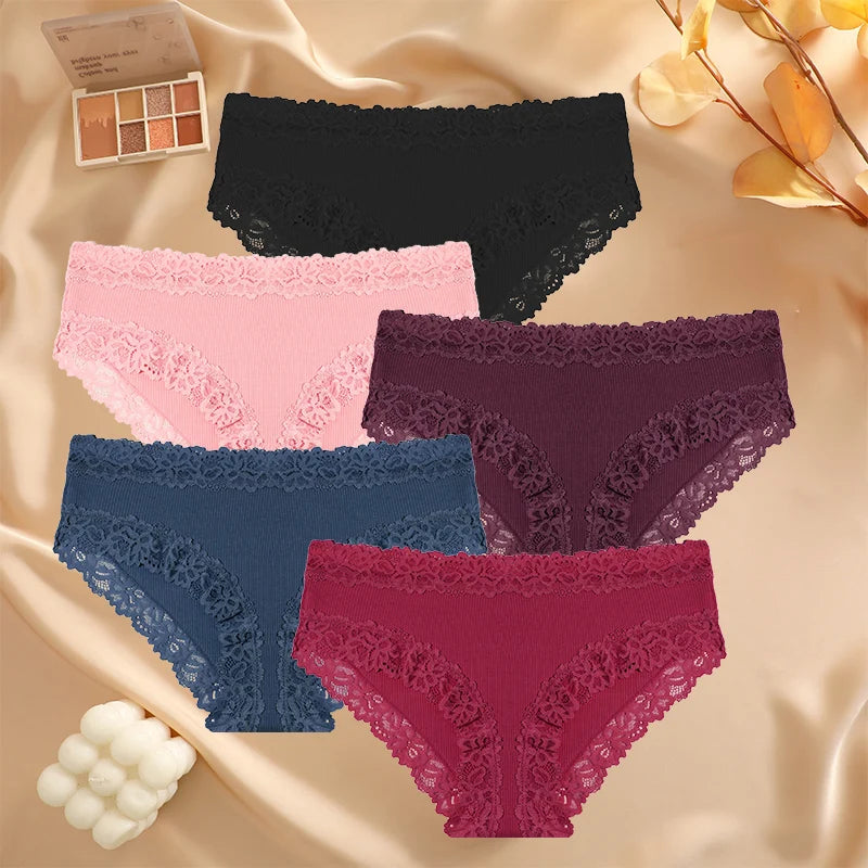 5PCS/Set Sexy Lace Cotton Panties for Women Flroal Lace Seamless Briefs Low Rise Lingerie Female Breathable Soft Underwear S-XL