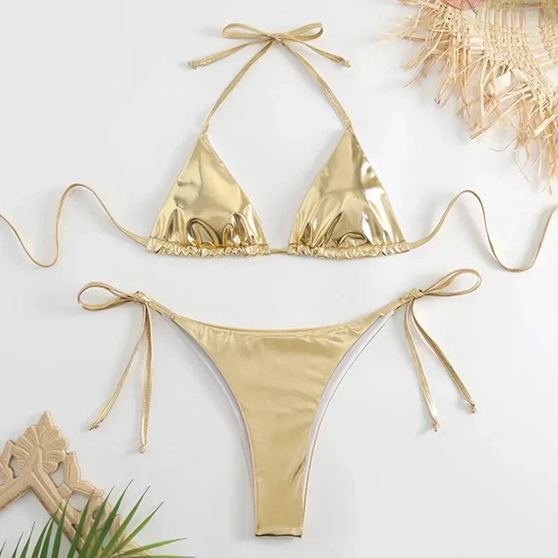 Sexy Metallic Halter Bikinis Sets Lace Up Triangle Tie Side Bikini 2026 Swimsuit Women Swimwear Brazilian Female Bathing Suits