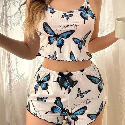 Women's Summer Ice Silk Pajamas Set Butterfly Print Spaghetti Strap Loungewear Set