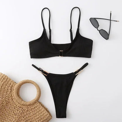 Sexy Brown Ribbed Swimwear 2026 Micro Thong Bikinis Sets Women Metal Ring Swimsuits String Bathing Suit Bikini Bathers Biquinis