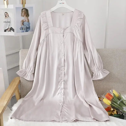 Female Long Nightdress Sexy Hollow Lace Sleepwear Home Dress Palace Style Princess Nightgown Nightwear Casual Satin Loungewear