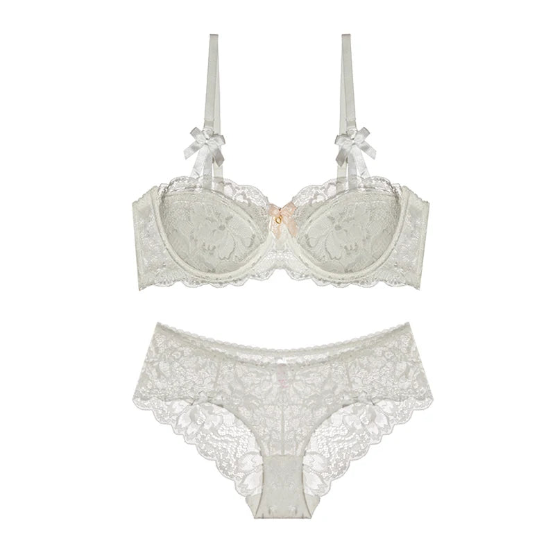 Victorian Style French Lace Lingerie Set Small Boobs, Anti Sagging Thin Half Cup Push Up Bra Wireless Comfort for Women Elegant