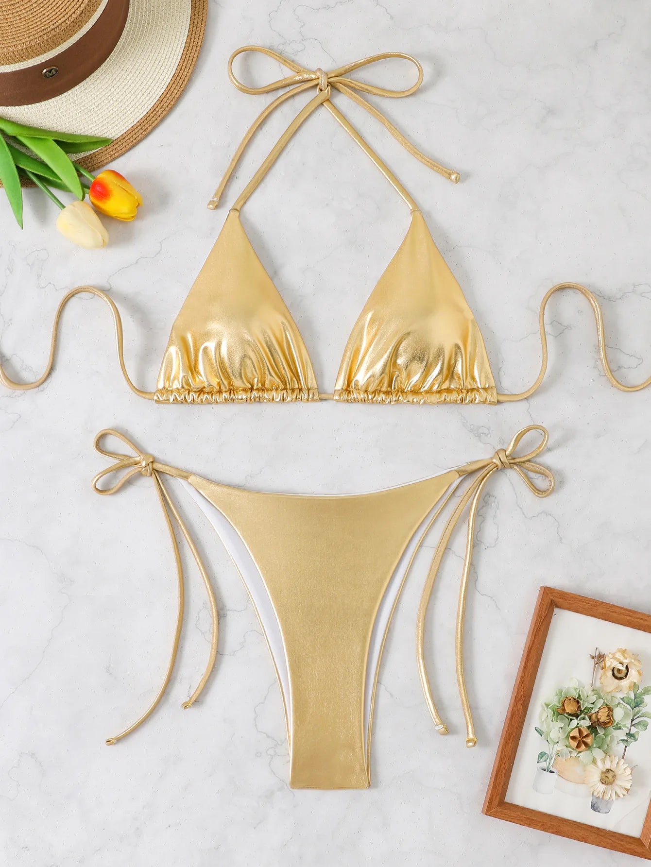sexy metallic glitter halter tie micro bikinis sets two pieces solid thong bandage swimsuit bathing suit swimwear biquini