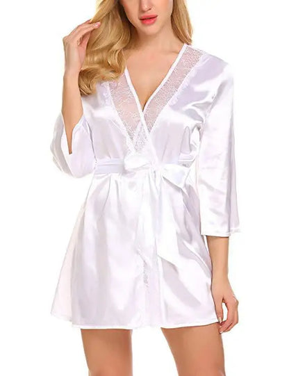 Women Sexy Lace Satin Robe Sleepwear Short Nightgown Kimono Bathrobe Lingerie Nighty Dress Soft Comfortable Black Plus Size