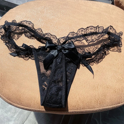 SP&CITY Exquisite Lace Ruffle Belt Sexy Thongs Transparent Mesh Underpants For Women Low Waist Cute Erotic Panties Bow Briefs