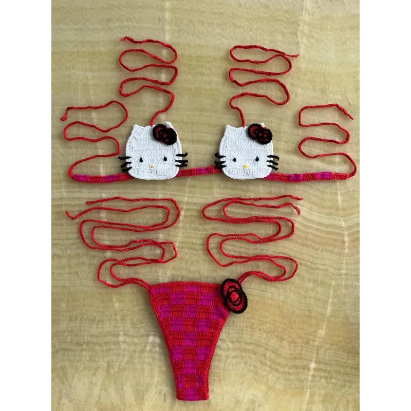Sanrio Cute Bikini Set Crochet Girls Swimsuit Hello Kitty Sexy Bathing Suit Kwaii Women Swim Suit Bandage Micro Bikinis Swimwear